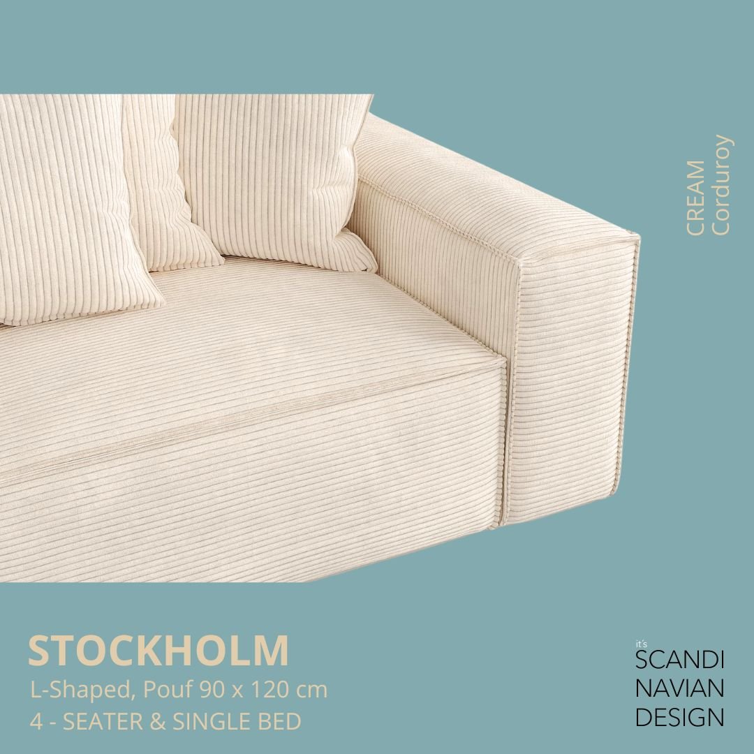 STOCKHOLM L - Shaped sofa/single bed Corduroy Cream removable & washable cover - Scandinavian Stories by Marton
